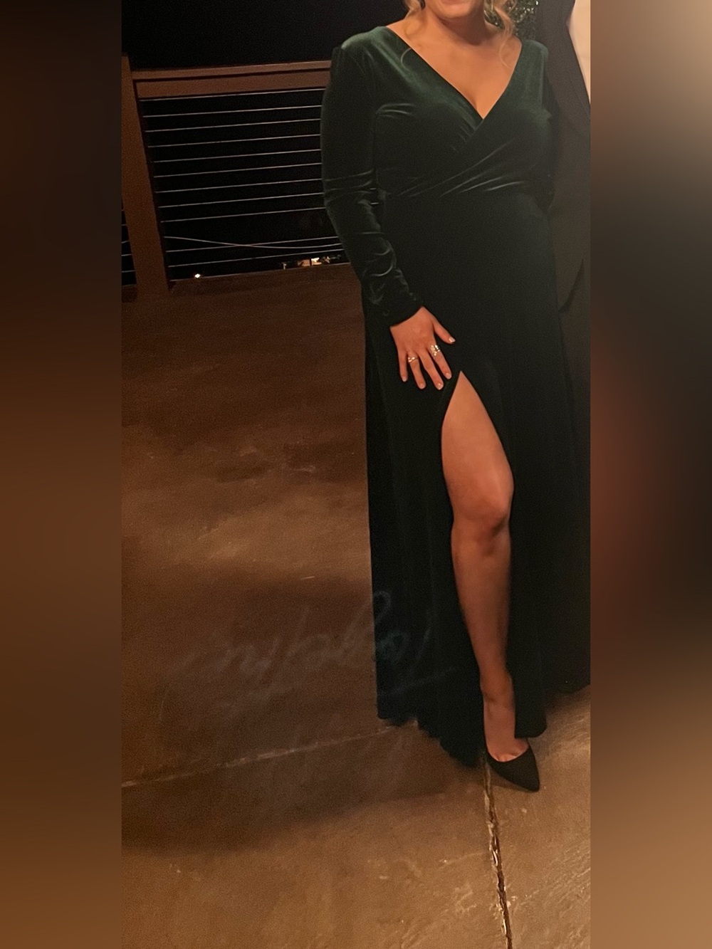 Elegant Forest Green Velvet Long-Sleeve Evening/Bridesmaid Dress with Thigh Slit